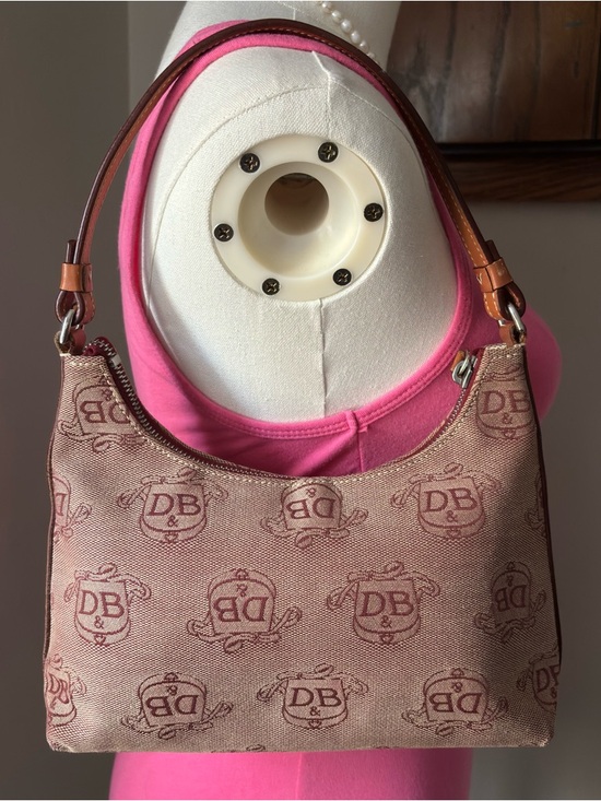 Dooney & Bourke Handbags - Vtg Dooney & Bourke Small Canvas Hobo Shoulder Purse Burgundy Leather Trim